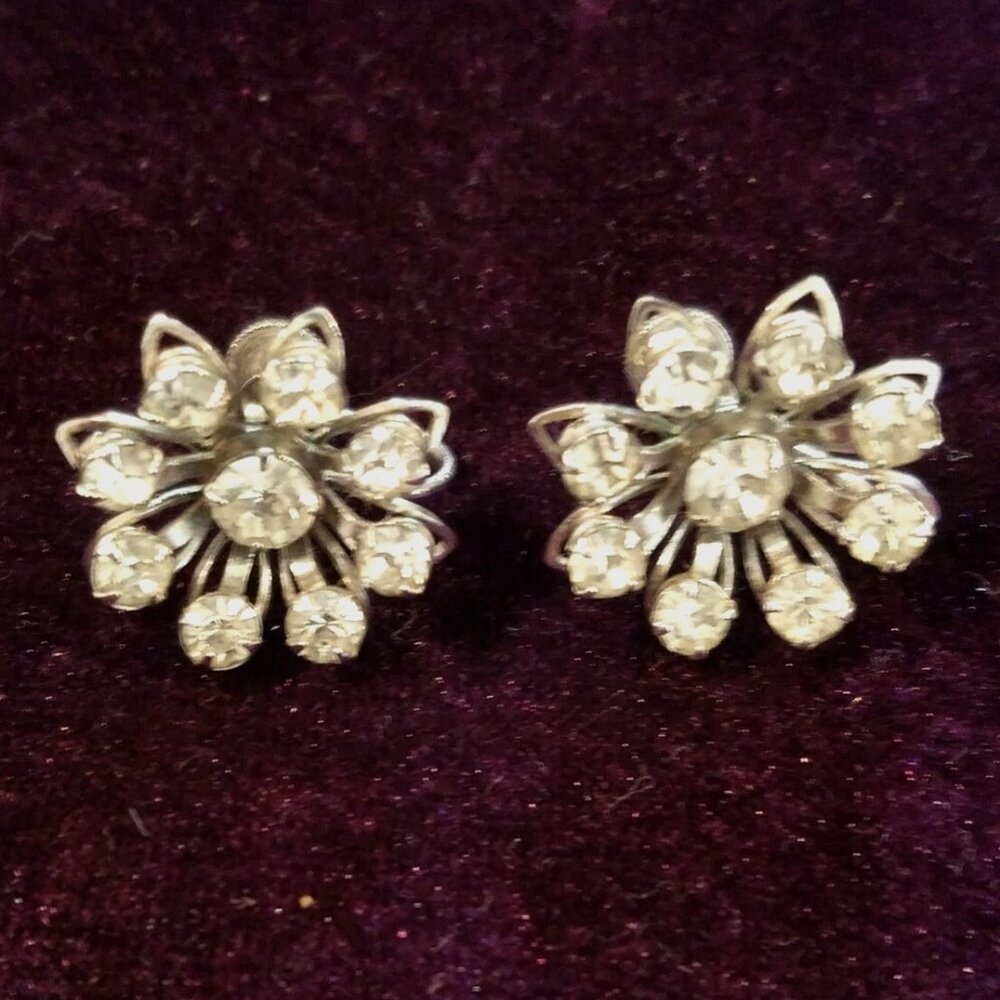 Vintage Screw Post On Clear Rhinestone Stud Earrings with marking B.N.